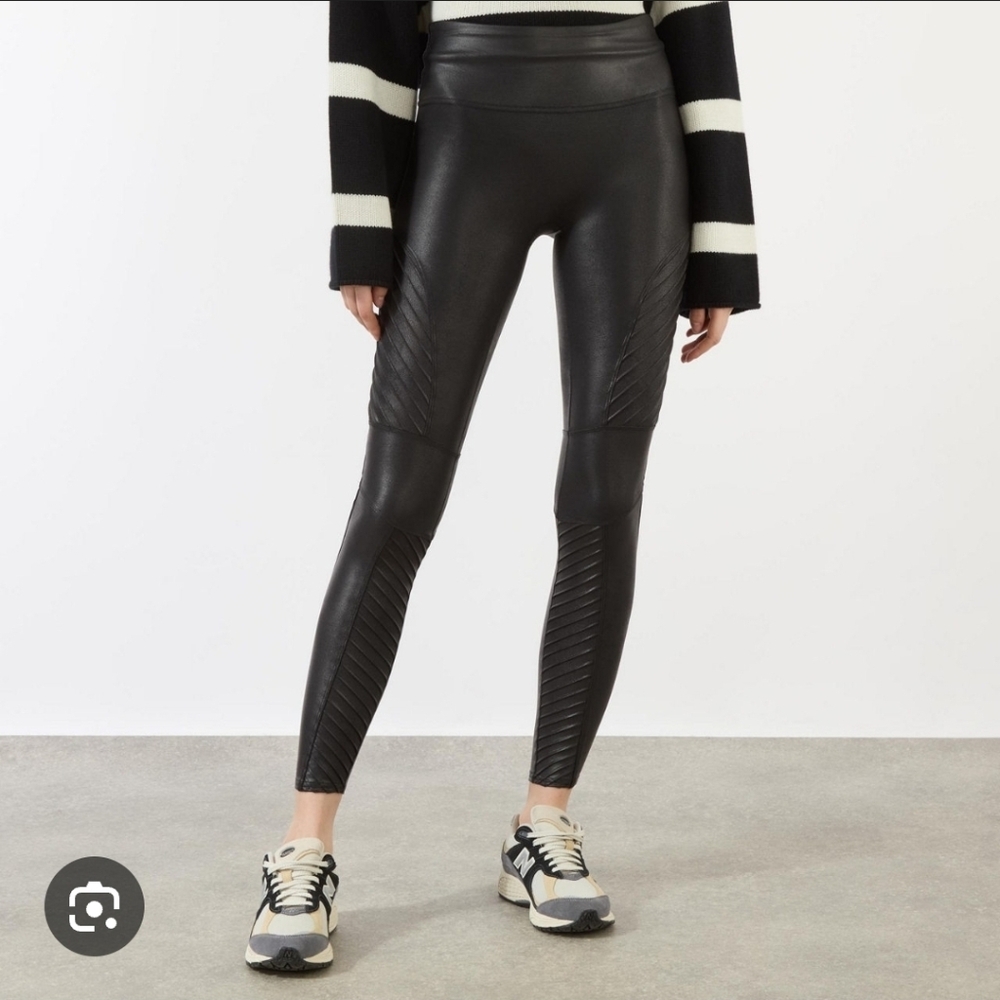 SPANX Coated Black Moto Leggings Shapewear Faux Leather Look | S